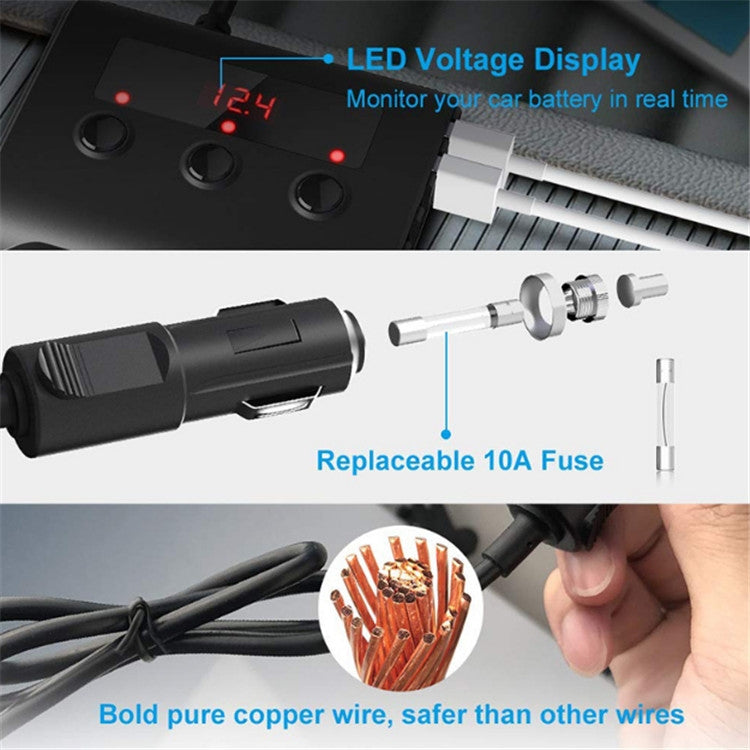 TR12 3 in 1 100W 4USB Car Cigarette Lighter with Switch Voltage Display - Cigar Socket by buy2fix | Online Shopping UK | buy2fix