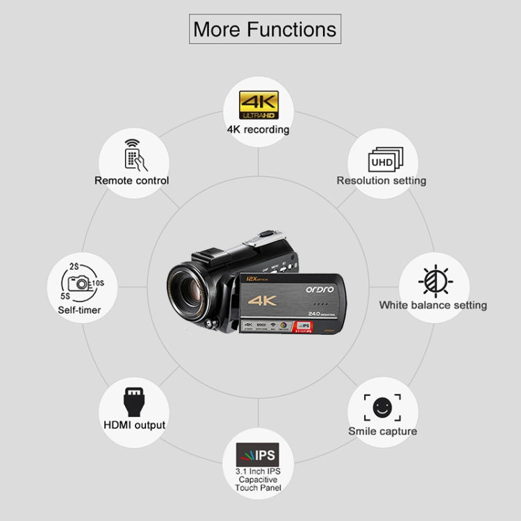 ORDRO AC5 4K HD Night Vision WiFi 12X Optical Zoom Digital Video DV Camera Camcorder, Style:Standard+  Microphone + Fill Light(Black) - Consumer Electronics by ORDRO | Online Shopping UK | buy2fix