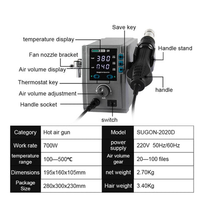 SUGON Hot Air Rework Station LED Display Temperature Adjustable Soldering Station With 5 Nozzles, EU Plug, Model: 2020D - Heat Guns by buy2fix | Online Shopping UK | buy2fix