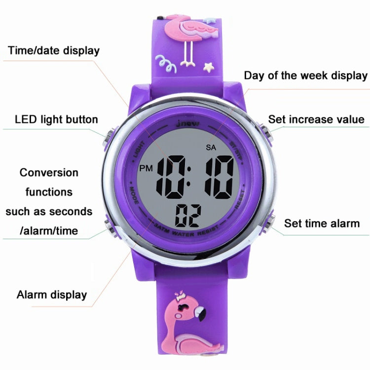 JNEW A380-86576 Student Cartoon Flamingo Waterproof Luminous Multifunction LED Electronic Watch(Rose Red) - Cartoon Watches by JNEW | Online Shopping UK | buy2fix