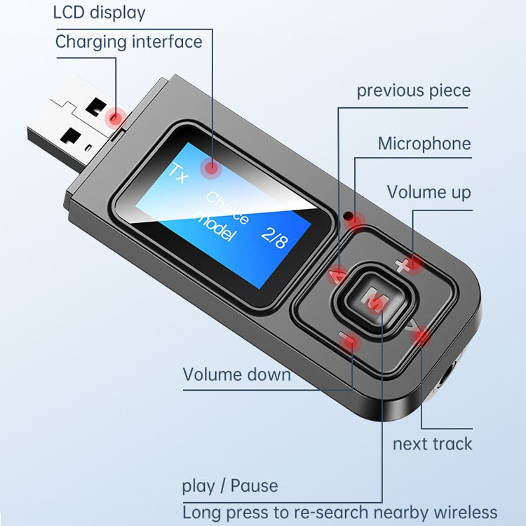 T12 Bluetooth 5.0 Receiver Transmitter With LCD Display Screen - Apple Accessories by buy2fix | Online Shopping UK | buy2fix