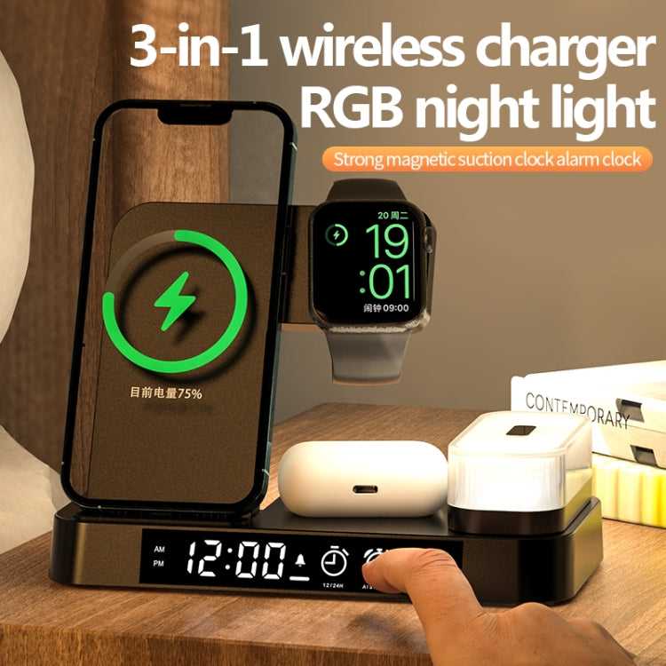 A37 30W 3-in-1 Wireless Charging Phone Stand with RGB Night Light & Alarm Clock & Watch Charger For Apple Function(Black) - Multifunction Charger by null | Online Shopping UK | buy2fix