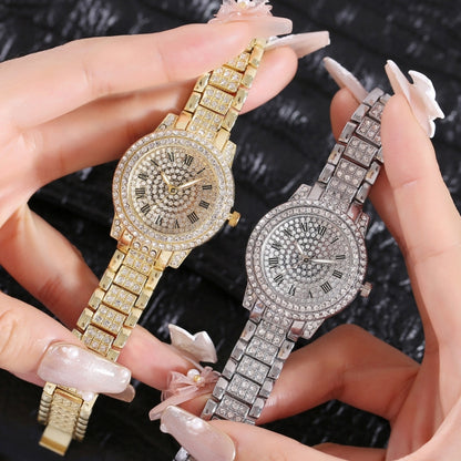 Full Diamond Roman Literal Steel Strap Quartz Watch, Color: Silver+Bracelet - Alloy Watches by buy2fix | Online Shopping UK | buy2fix