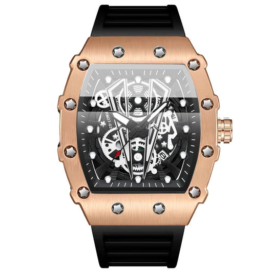 BINBOND B6577 Barrel Shape 30m Waterproof Sports Quartz Watch(Brushed-Black Silicone-Rose Gold-Black) - Silicone Strap Watches by BINBOND | Online Shopping UK | buy2fix