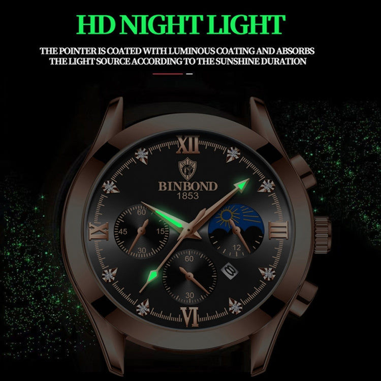 BINBOND B3591 30m Waterproof Luminous Calendar Men Watch, Color: White Steel-Black - Metal Strap Watches by BINBOND | Online Shopping UK | buy2fix