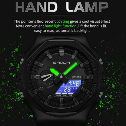 SANDA Octagonal Oak Hand Lamp Waterproof Sports Alarm Clock Men Watch(Black Silver) - Silicone Strap Watches by SANDA | Online Shopping UK | buy2fix