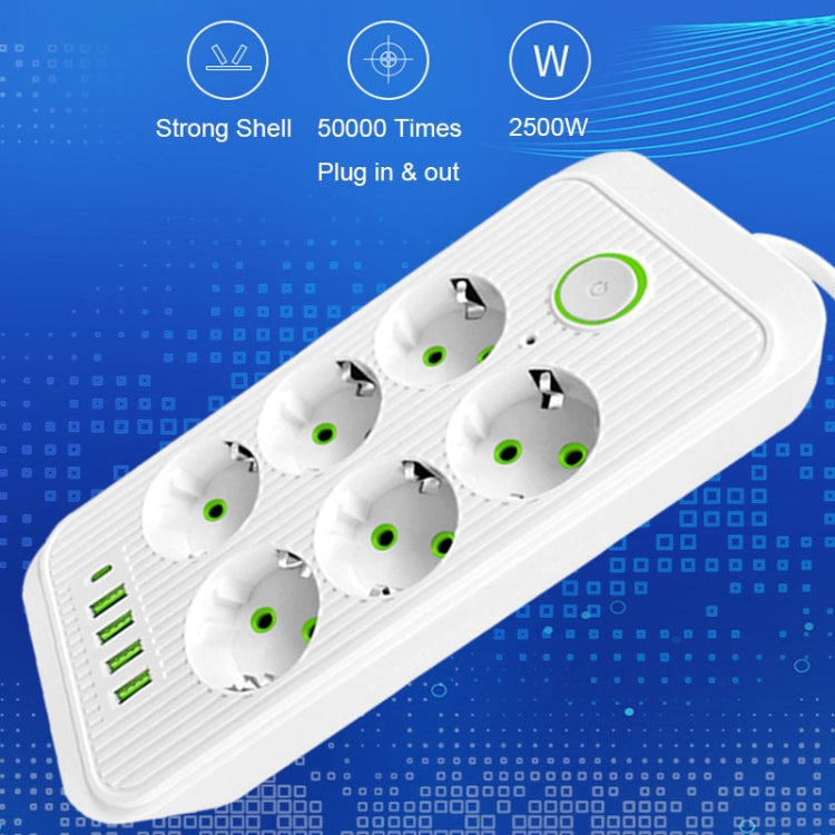 F06 2m 2500W 6 Plugs + PD + 4-USB Ports Multifunctional Socket With Switch, EU Plug(White) - Extension Socket by buy2fix | Online Shopping UK | buy2fix