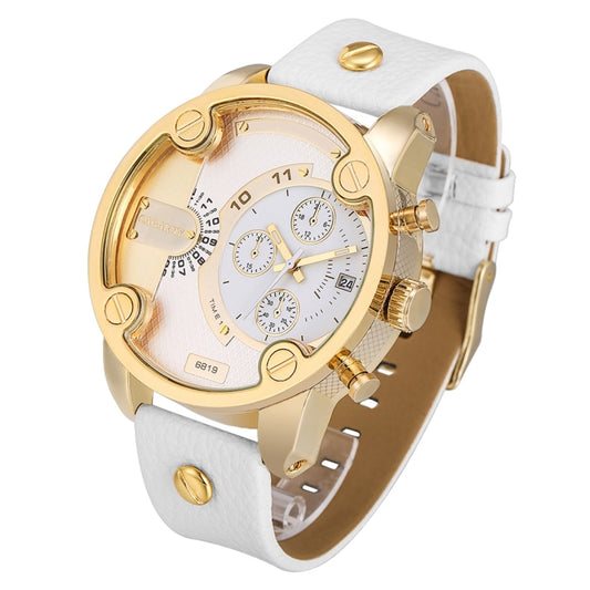 CAGARNY 6819 Fashionable Multifunctional Dual Time Zone Quartz Business Sport Wrist Watch with Leather Band & GMT Time & Calendar & Luminous Display for Men(Gold Case White Strap) - Leather Strap Watches by CAGARNY | Online Shopping UK | buy2fix