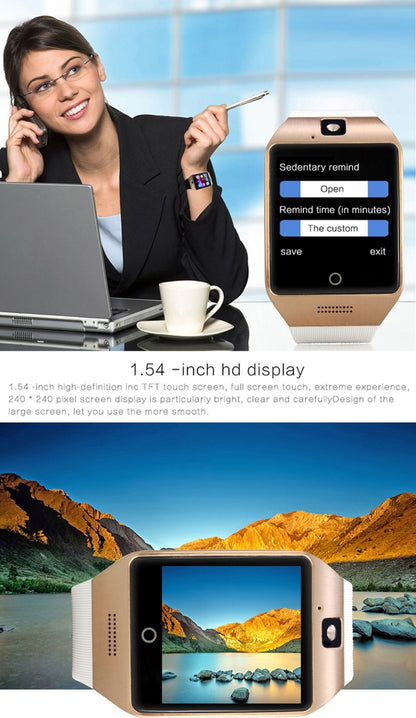 Q18S 1.54 inch IPS Screen MTK6260A Bluetooth 3.0 Smart Watch Phone, Pedometer / Sedentary Reminder / Sleeping Monitor  / Anti-Loss / Remote Camera / GSM / 0.3M Camera (Black + Gold) - Smart Wear by buy2fix | Online Shopping UK | buy2fix